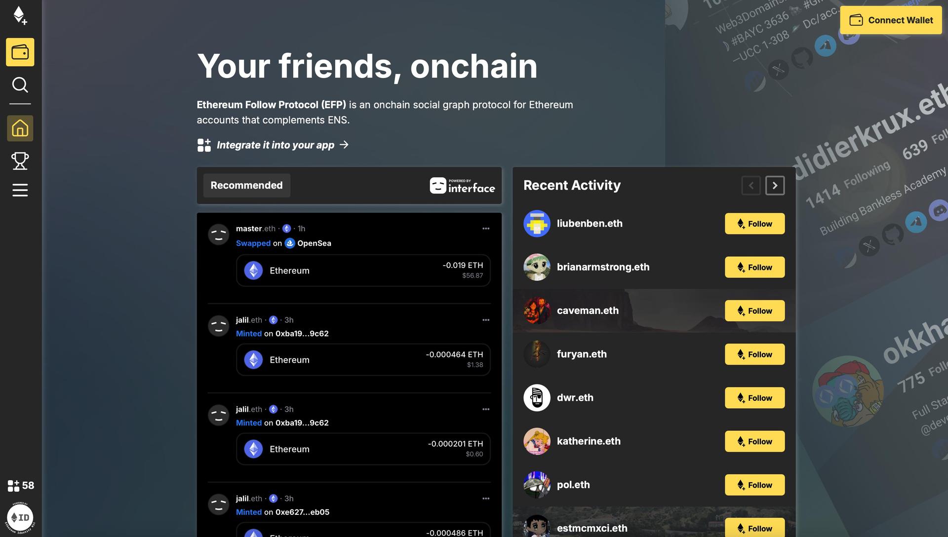 Screenshot 1 of Ethereum Follow Protocol showing the application interface